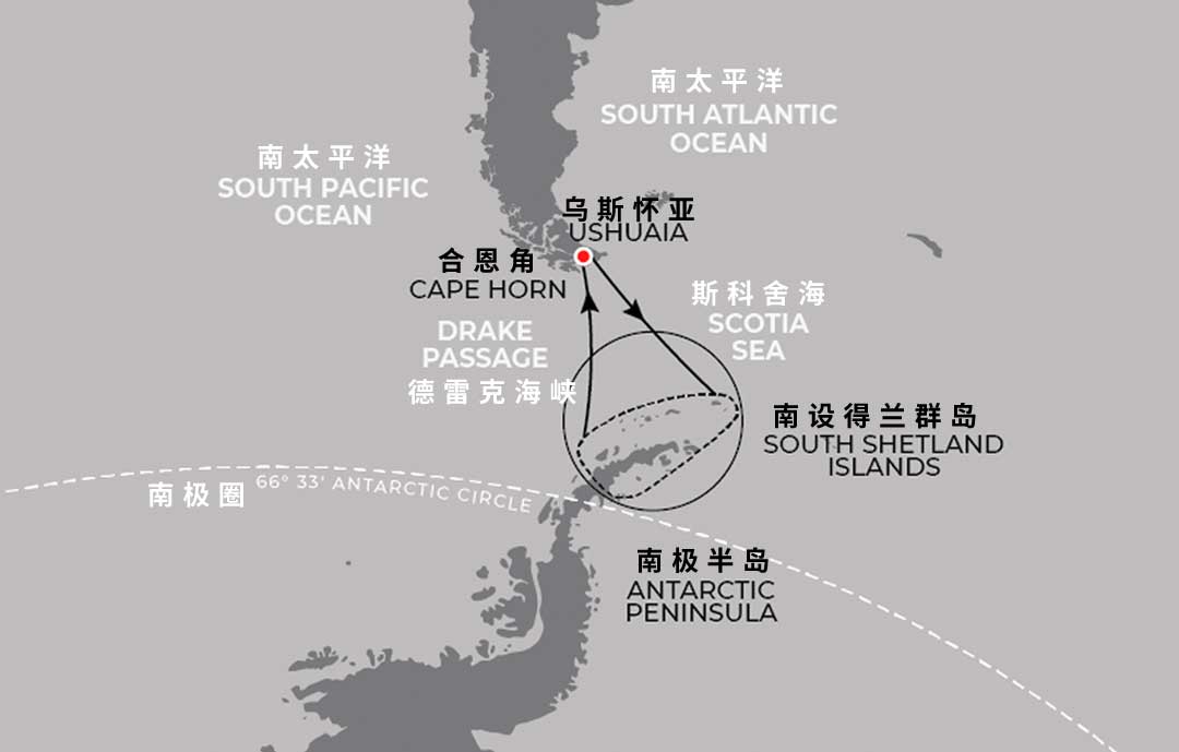 全球领航者10天9晚南极半岛经典环线游地图