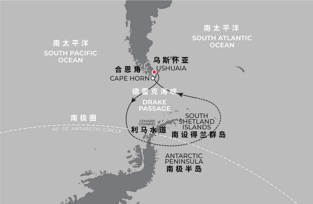 全球领航者号12天南极圈旅行的行程示意图