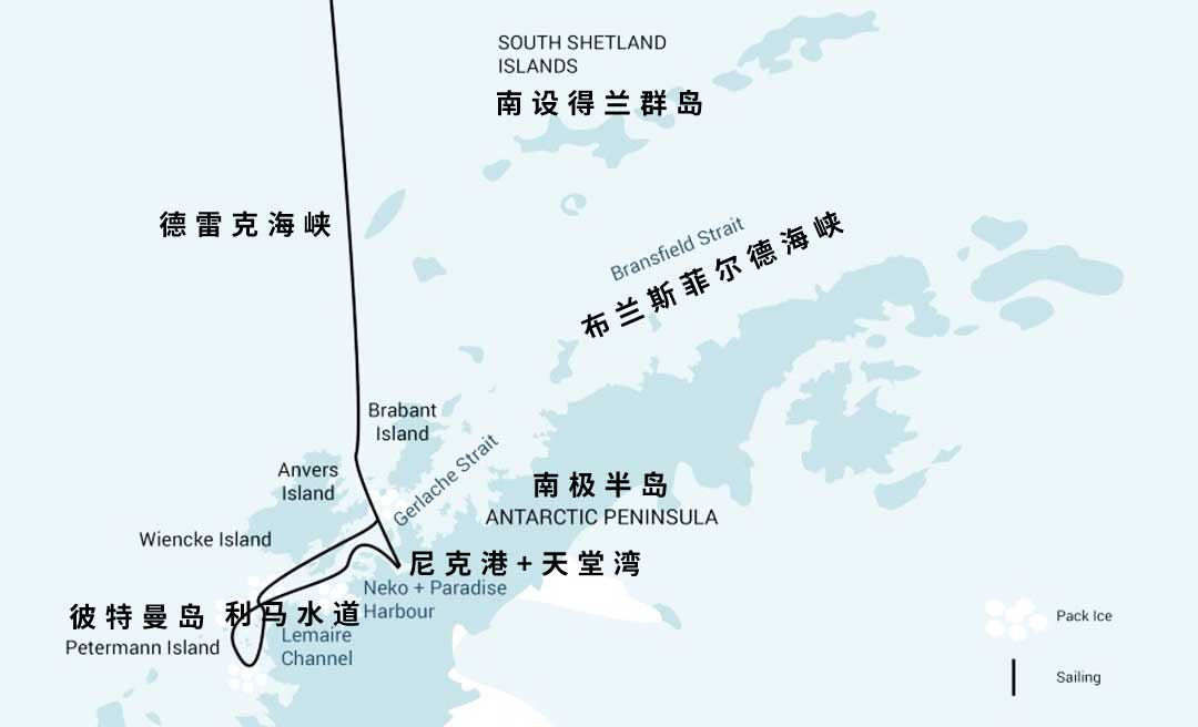 经典南极半岛游路线示意图
